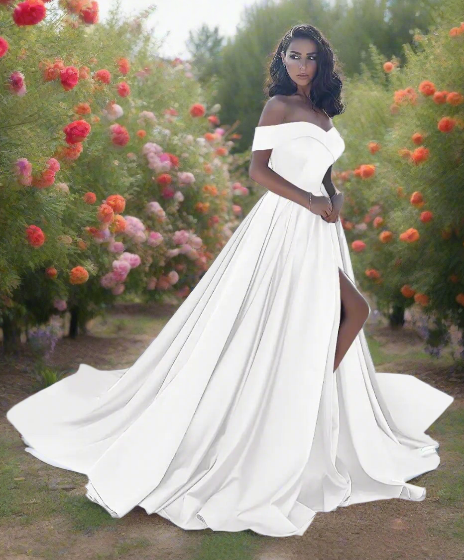 π°: Off Shoulder Wedding Dress 2025 - Plus Size Ball Gown with Slit & Train