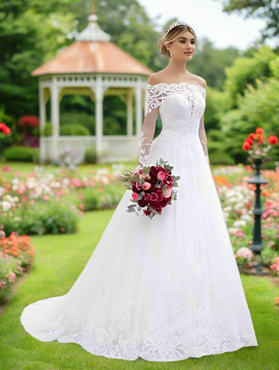 π°: Ivory A-Line Wedding Dress - Long Sleeve Lace Applique Gown