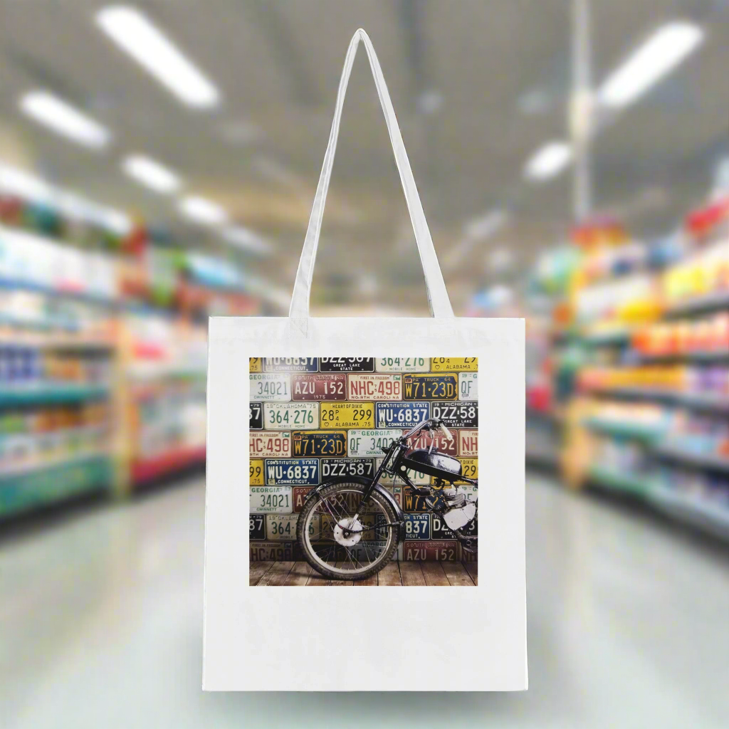 π: Classic White Tote Bag - Vintage Motorcycle Design with Text