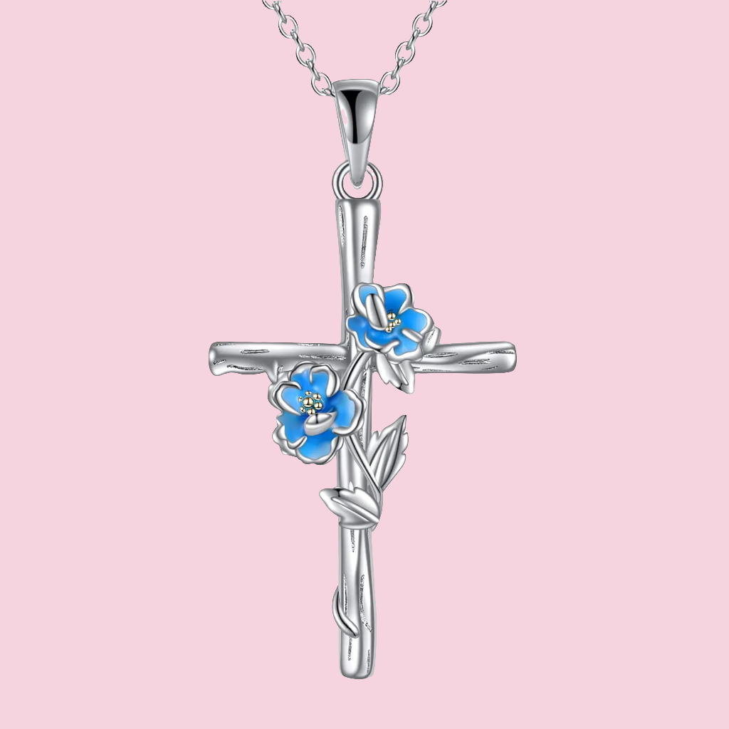 π: LUHE Sterling Silver Cross Necklace - Birth Flower Peony Pendant USA Made