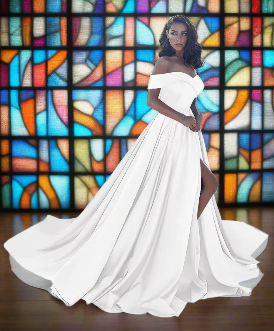 π°: Off Shoulder Wedding Dress 2025 - Plus Size Ball Gown with Slit & Train