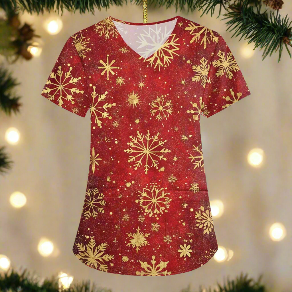 π Christmas Plus Size Scrub Top - Holiday V-Neck Nursing Uniform