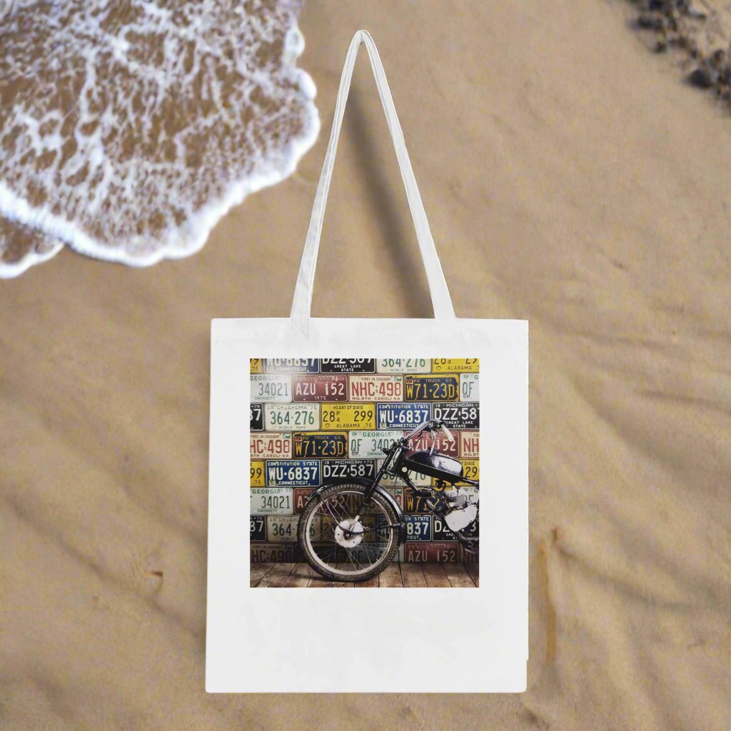 π: Classic White Tote Bag - Vintage Motorcycle Design with Text