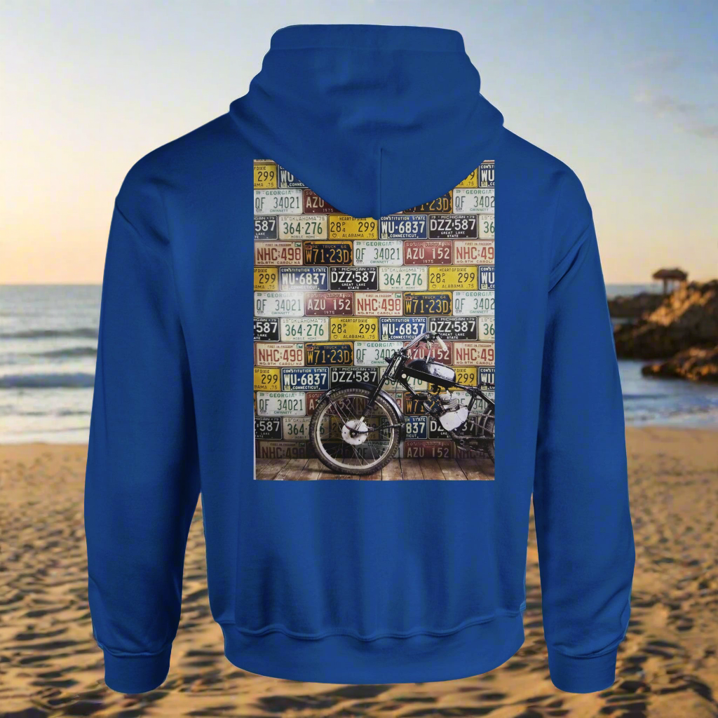 🏍️: Classic Motorcycle Pattern Hoodie - Personalizable Text Feature