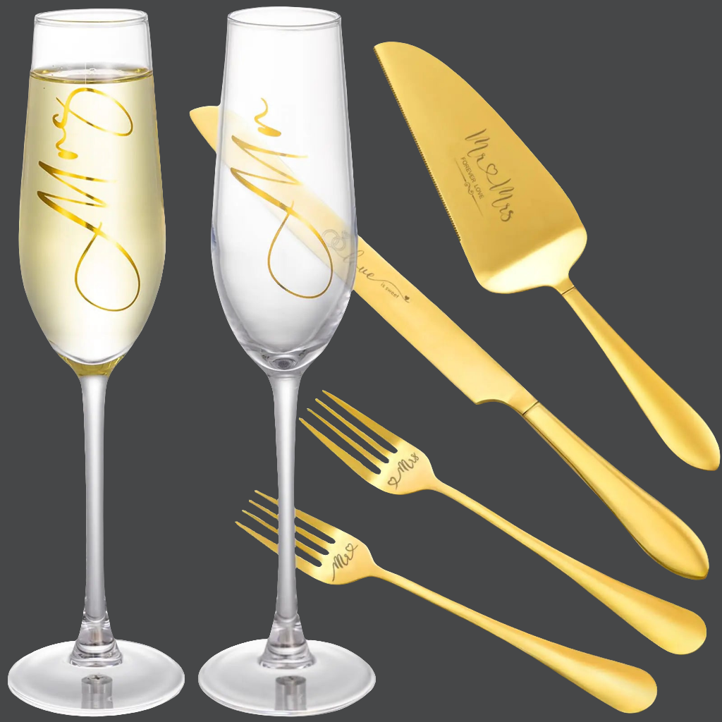 🥂: VARLKA Premium Wedding Champagne Flutes & Cake Knife Set - 6-Piece Mr & Mrs Gold Collection