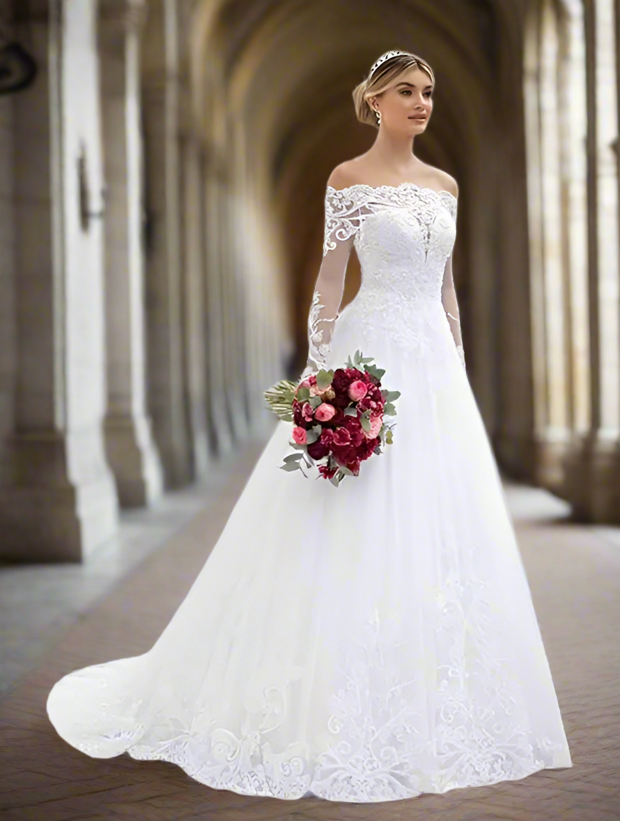 π°: Ivory A-Line Wedding Dress - Long Sleeve Lace Applique Gown