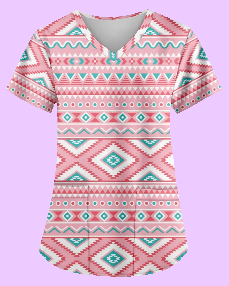 🏺 AMOMA Aztec Print Scrub Shirt - Native American V-Neck Nursing Top Light Pink