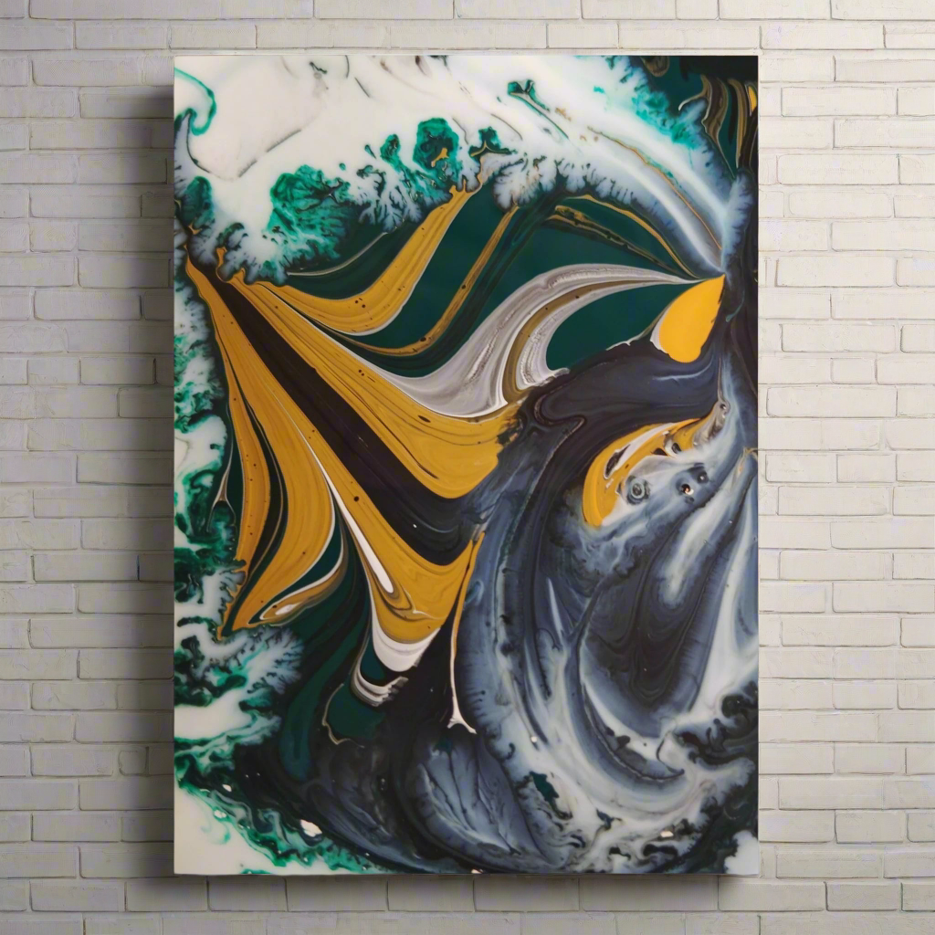 π Vibrant Liquid Blend Aluminum Print β Unique Yellow, Black, White & Green Design