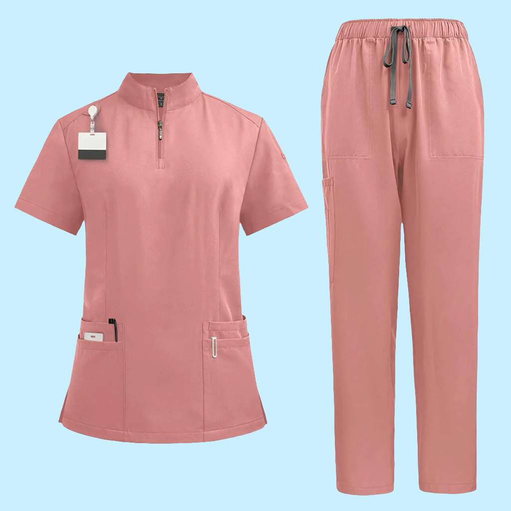 🩺 Cotton Scrubs Set M - Pink V-Neck Nursing Uniform with Jogger Pants