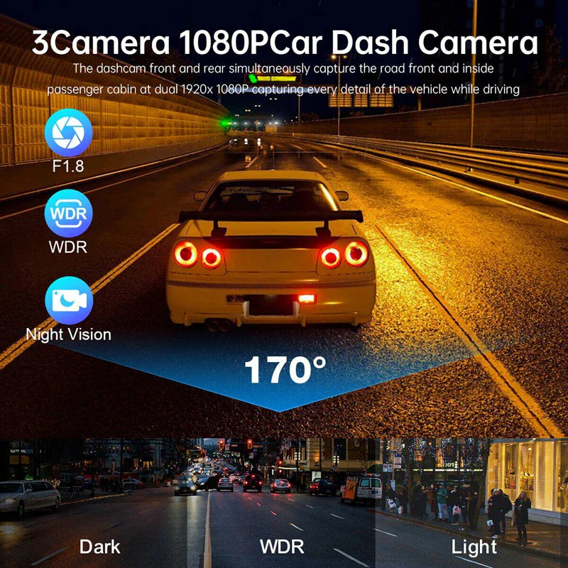 📹 Car Triple Lens Dash Cam - HD 1080P Front/Rear/Inside Video Recorder