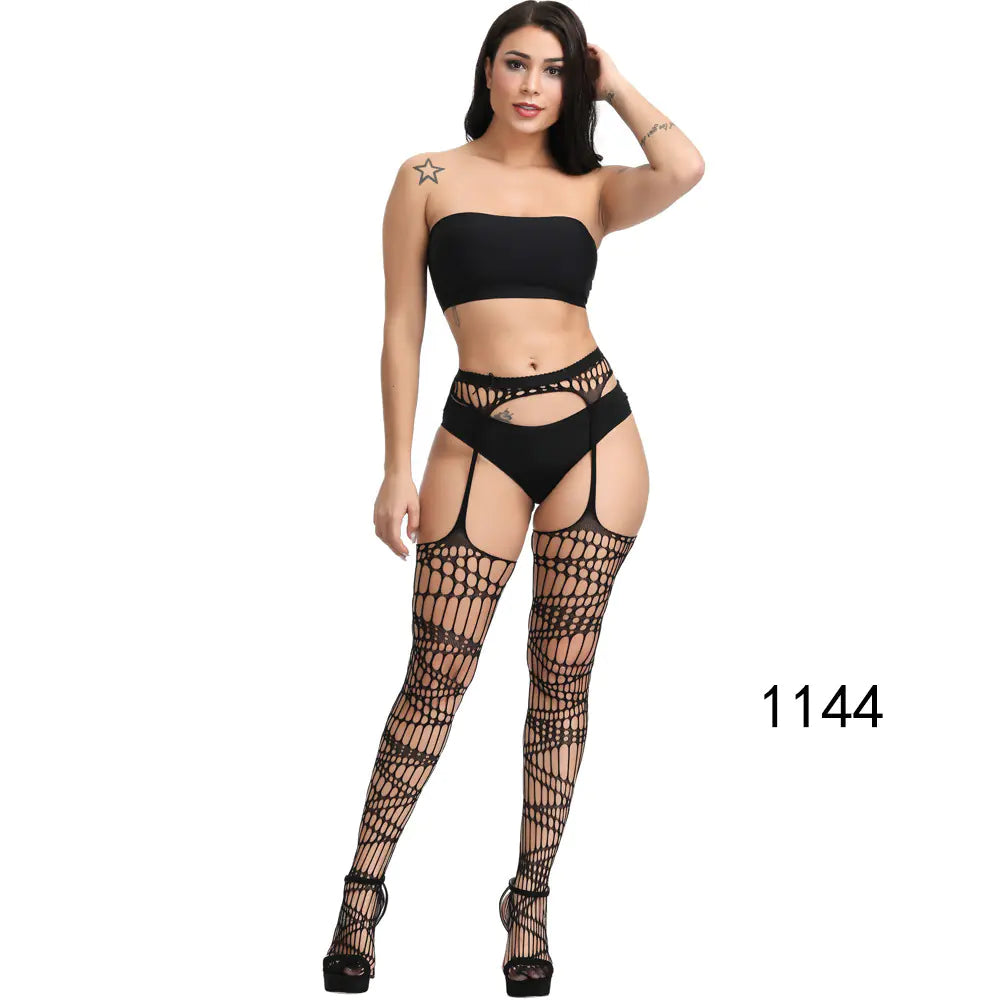 🦵: Sheer Lace-Trimmed Stockings with Open Crotch - Elegant Seductive Hosiery