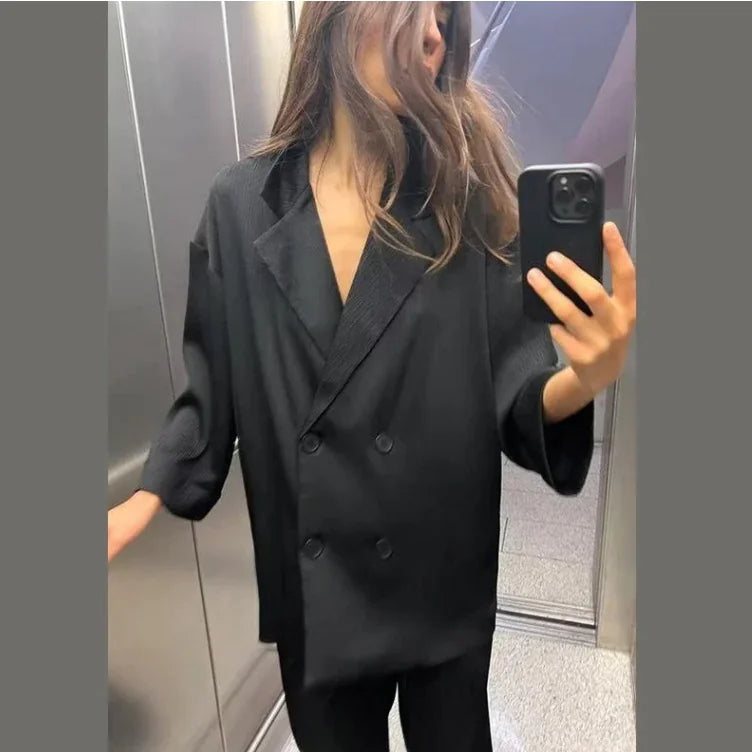 👗: Ruffled Suit Jacket with Casual Trousers - Elegant Women's Two-Piece Set