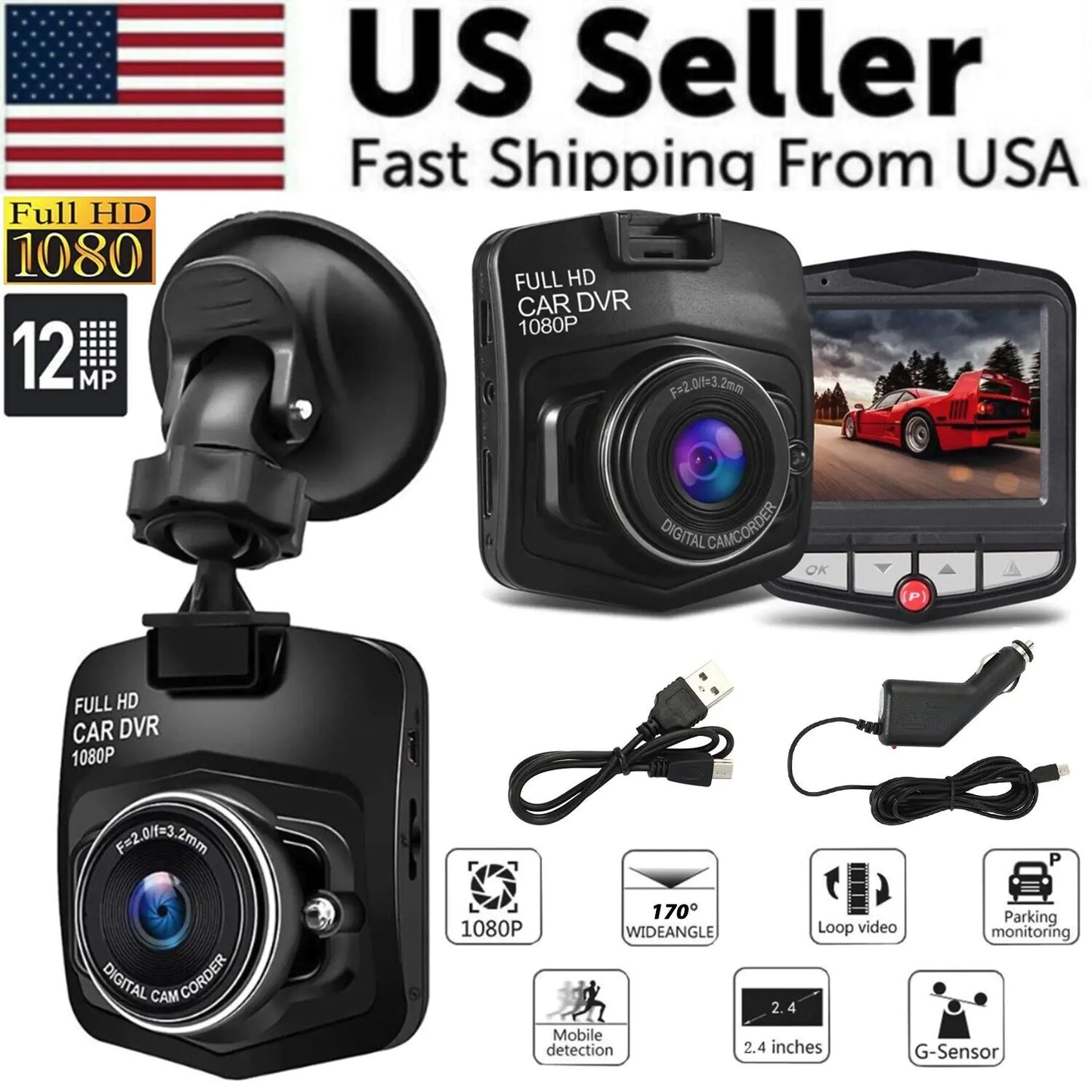 📹: 2.4" Full HD 1080P Dash Cam - Car DVR Front/Rear Camera with Night Vision