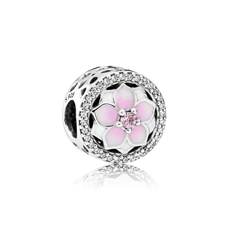 💎: S925 Sterling Silver DIY Bracelet - Epoxy Beads & Magnolia Pendant Charm