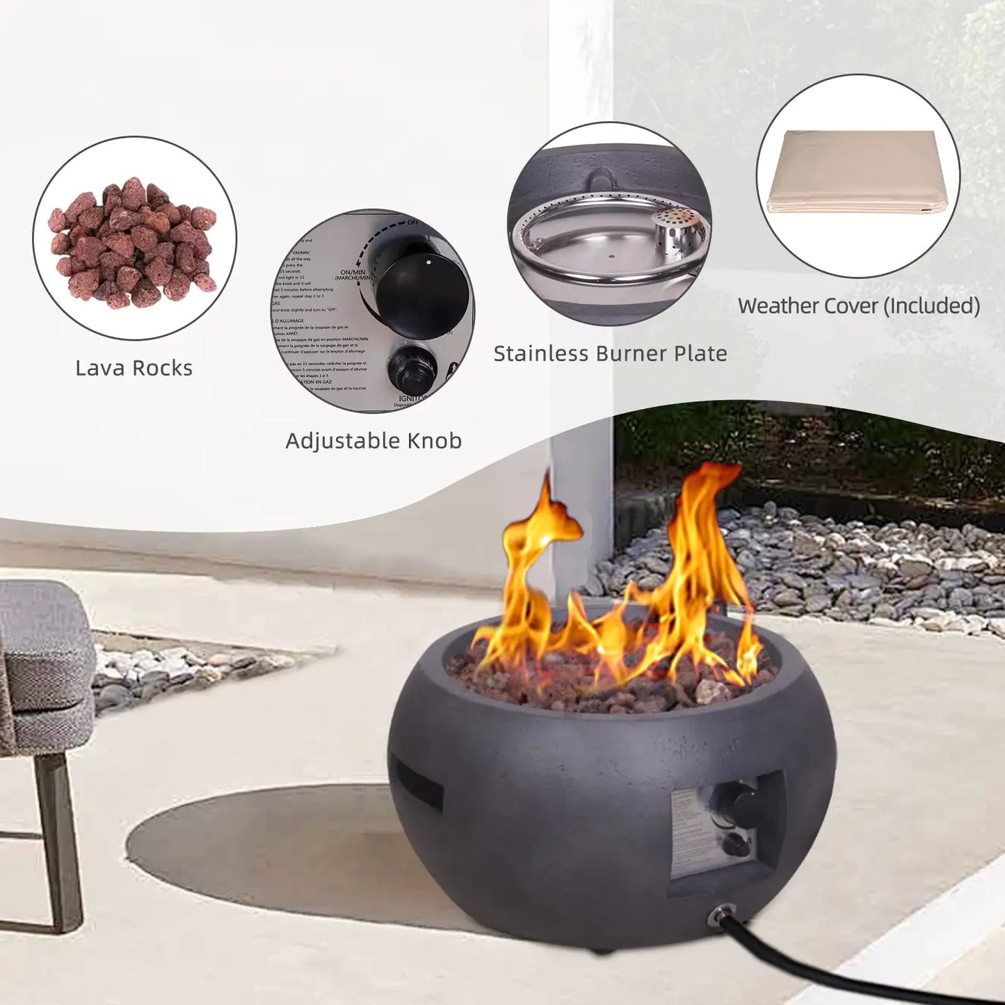 🔥: 22" Round Concrete Fire Pit - 40,000 BTU Propane Outdoor Fire Pit with Weather Cover