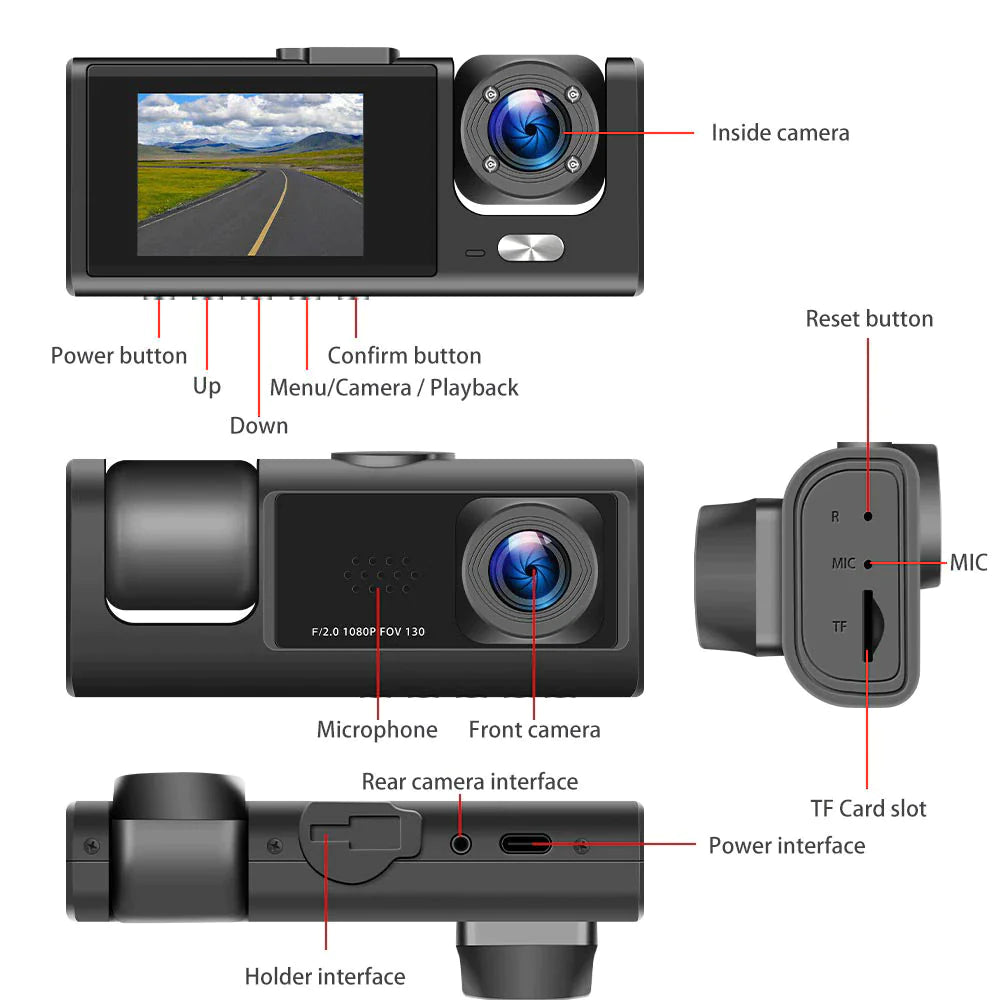 📹 Car Triple Lens Dash Cam - HD 1080P Front/Rear/Inside Video Recorder