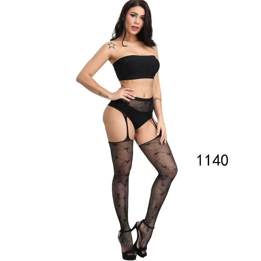 🦵: Sheer Lace-Trimmed Stockings with Open Crotch - Elegant Seductive Hosiery