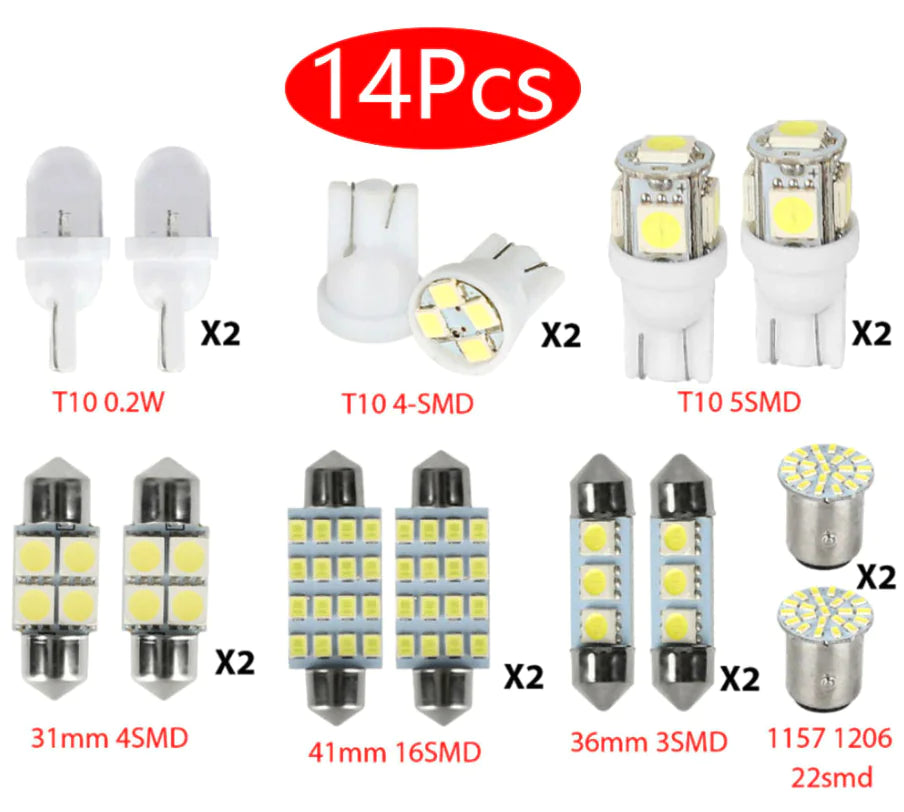 💡: 14-Piece T10 36mm LED Interior Car Accessories Kit - Map, Dome & License Plate Lights