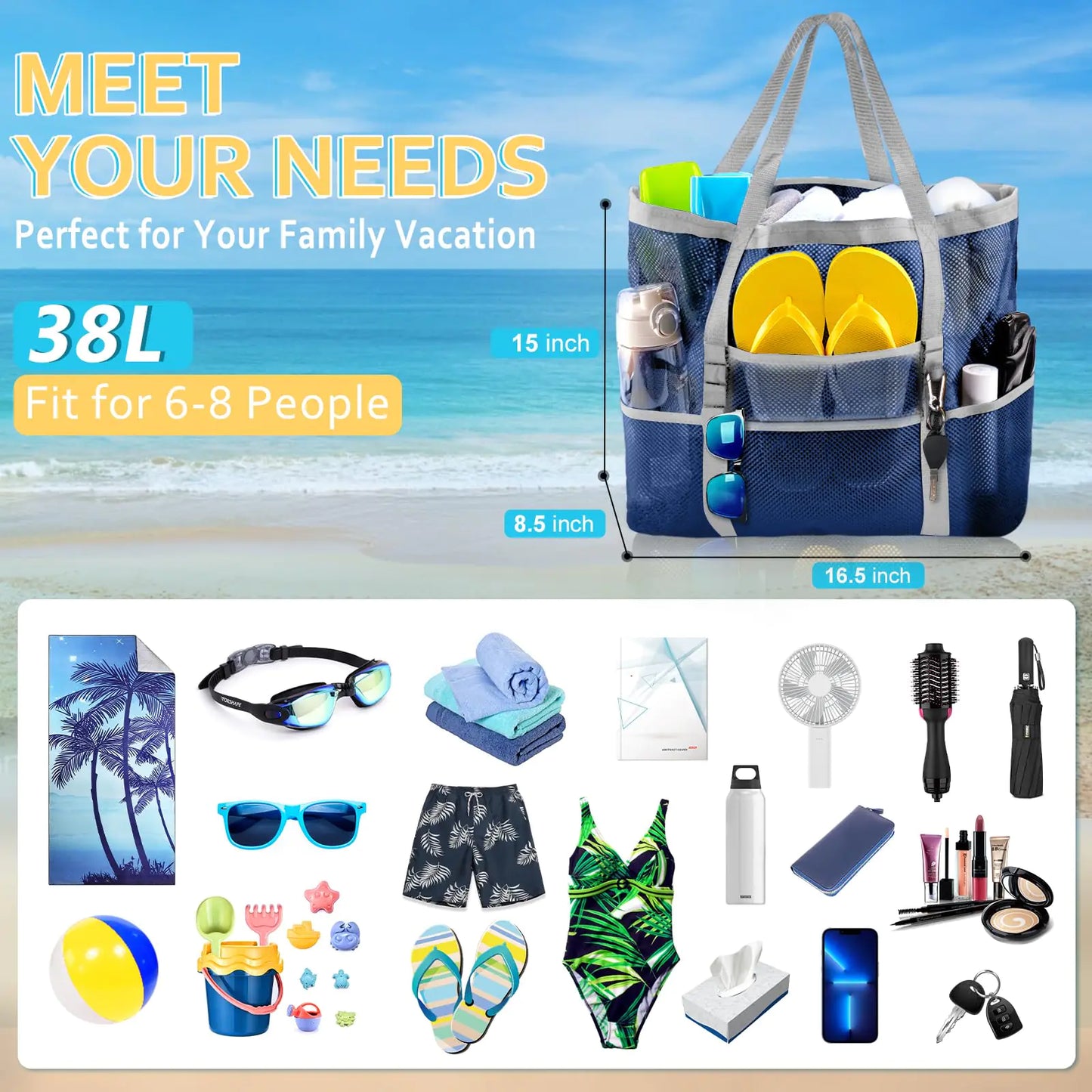 🏖️: Mesh Beach Bag - Large Family Beach Tote for Toys & Vacation Essentials