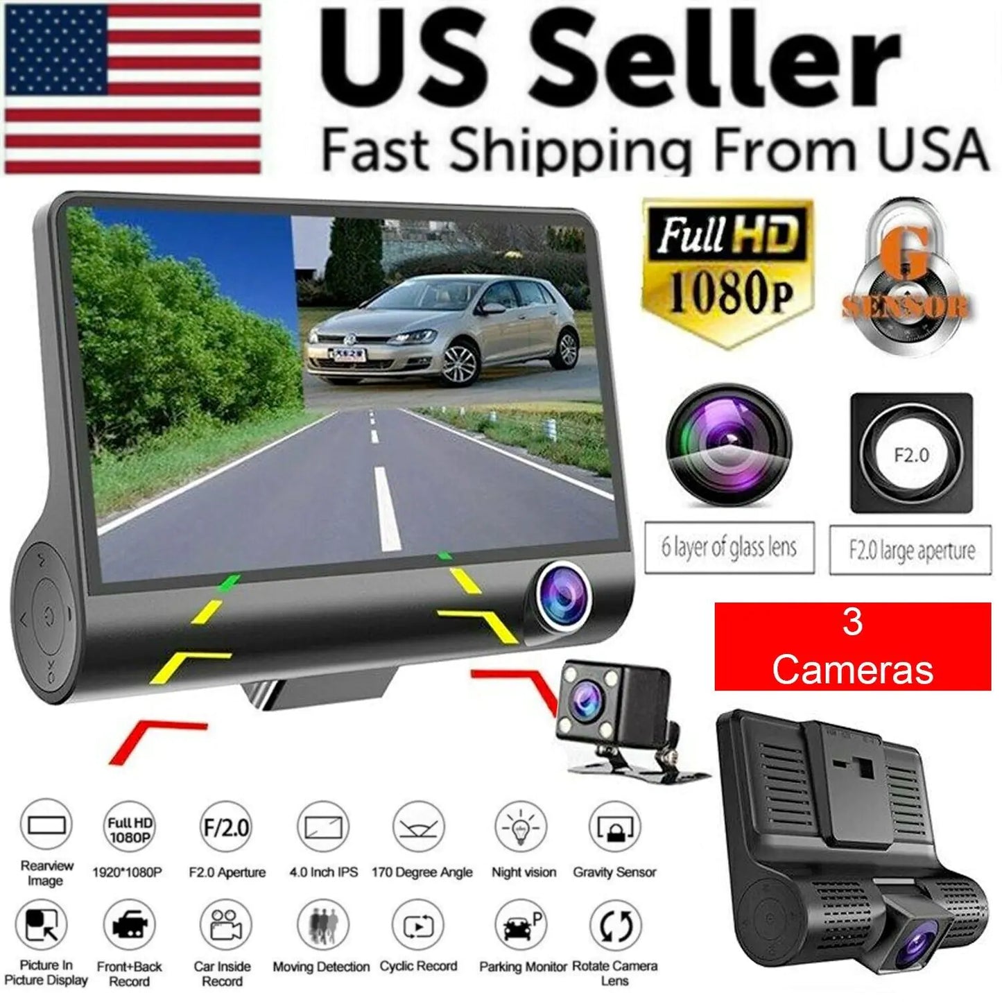 📹: 1080P 4" Dual Lens Car DVR - HD Rearview Dash Cam with G-Sensor