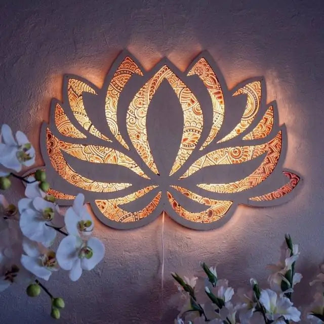🪷: Lotus Flower Wall Hanging Light - Elegant Wooden Ambient Lighting