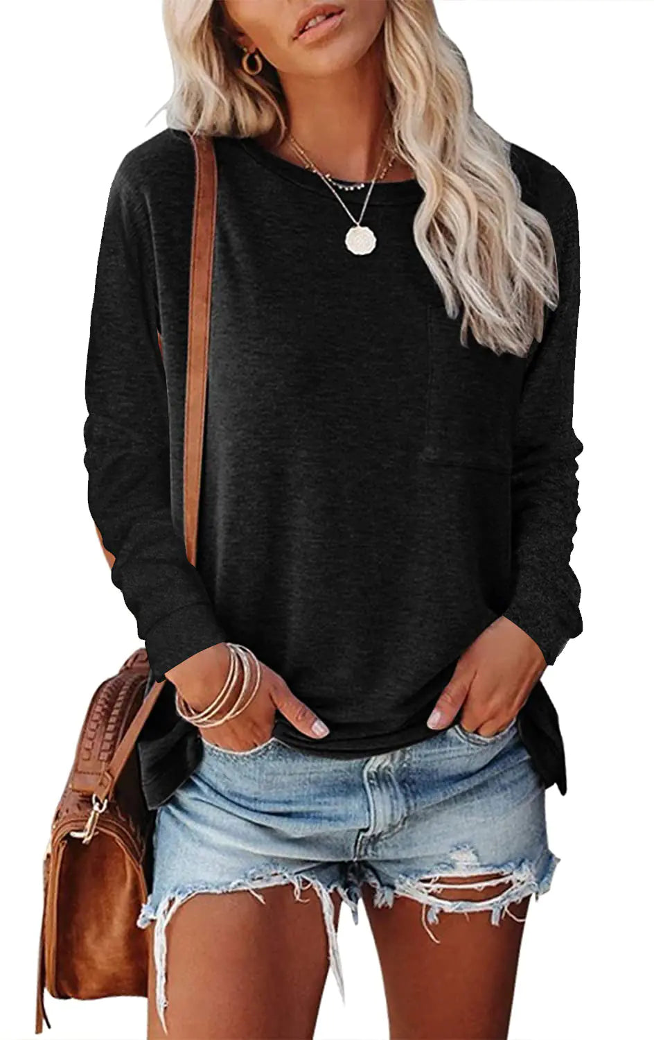 👕: Pocket Split Long Sleeve T-Shirt - Casual Cotton Blend Comfort Top
