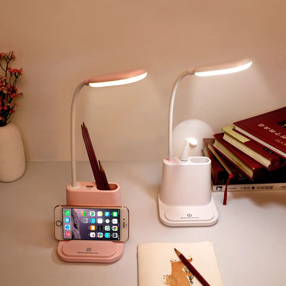 💡: USB Rechargeable LED Desk Lamp - Touch Dimming Phone Holder Fan Brush Pot