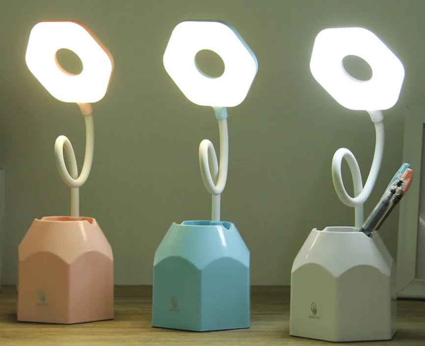 💡: USB Rechargeable LED Desk Lamp - Touch Dimming Phone Holder Fan Brush Pot
