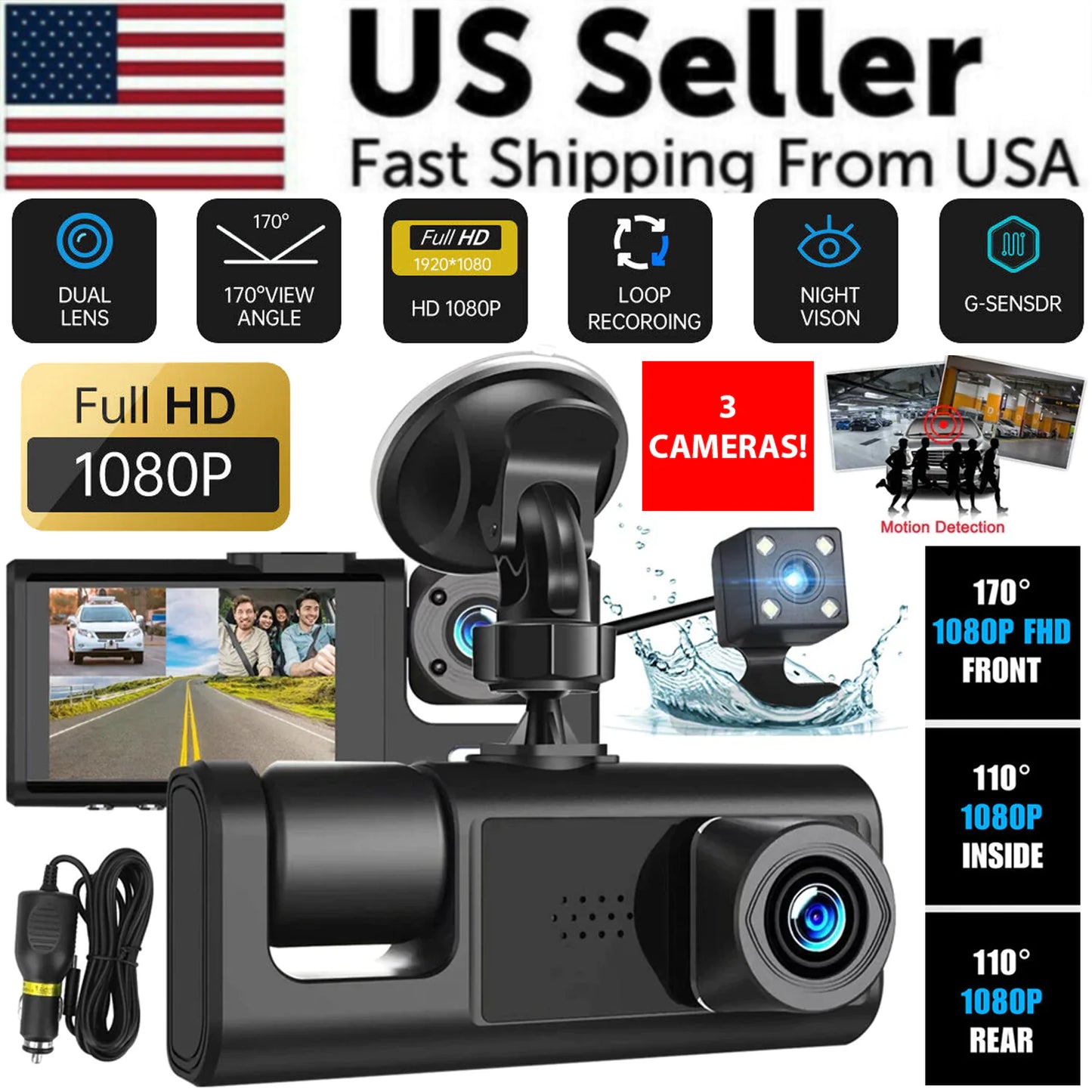 📹 Car Triple Lens Dash Cam - HD 1080P Front/Rear/Inside Video Recorder