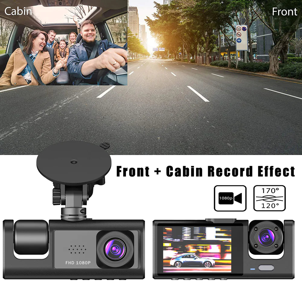 📹 Car Triple Lens Dash Cam - HD 1080P Front/Rear/Inside Video Recorder