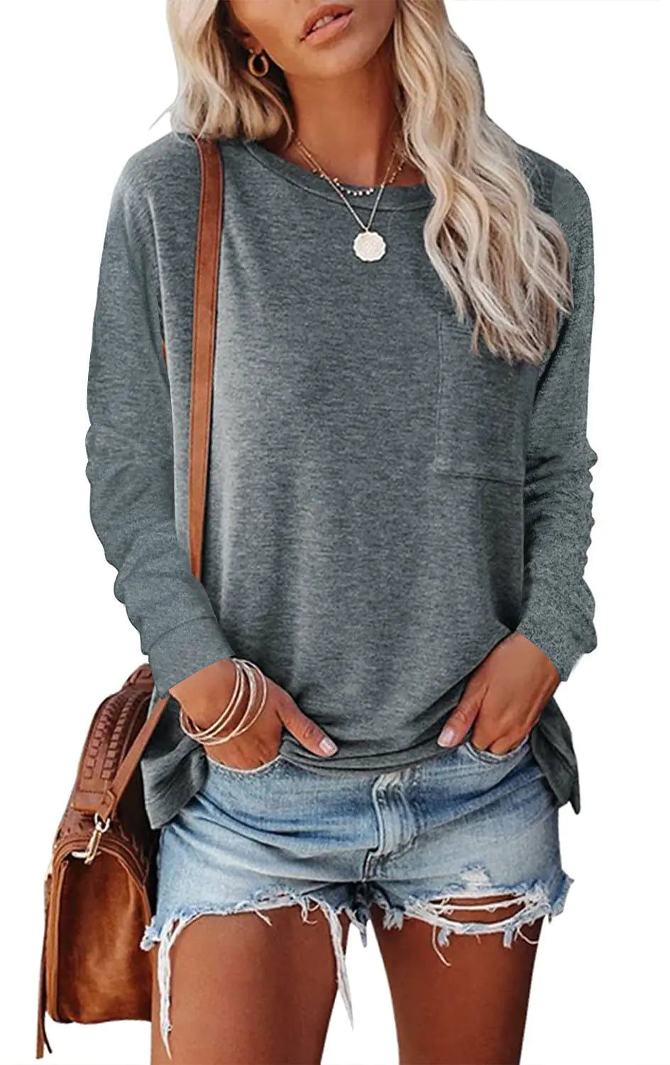 👕: Pocket Split Long Sleeve T-Shirt - Casual Cotton Blend Comfort Top