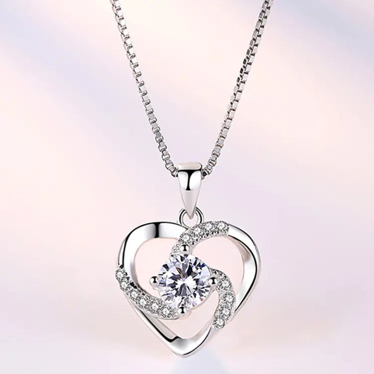 π: 925 Silver Plated Blue Crystal Heart Necklace - Elegant Pendant Jewelry