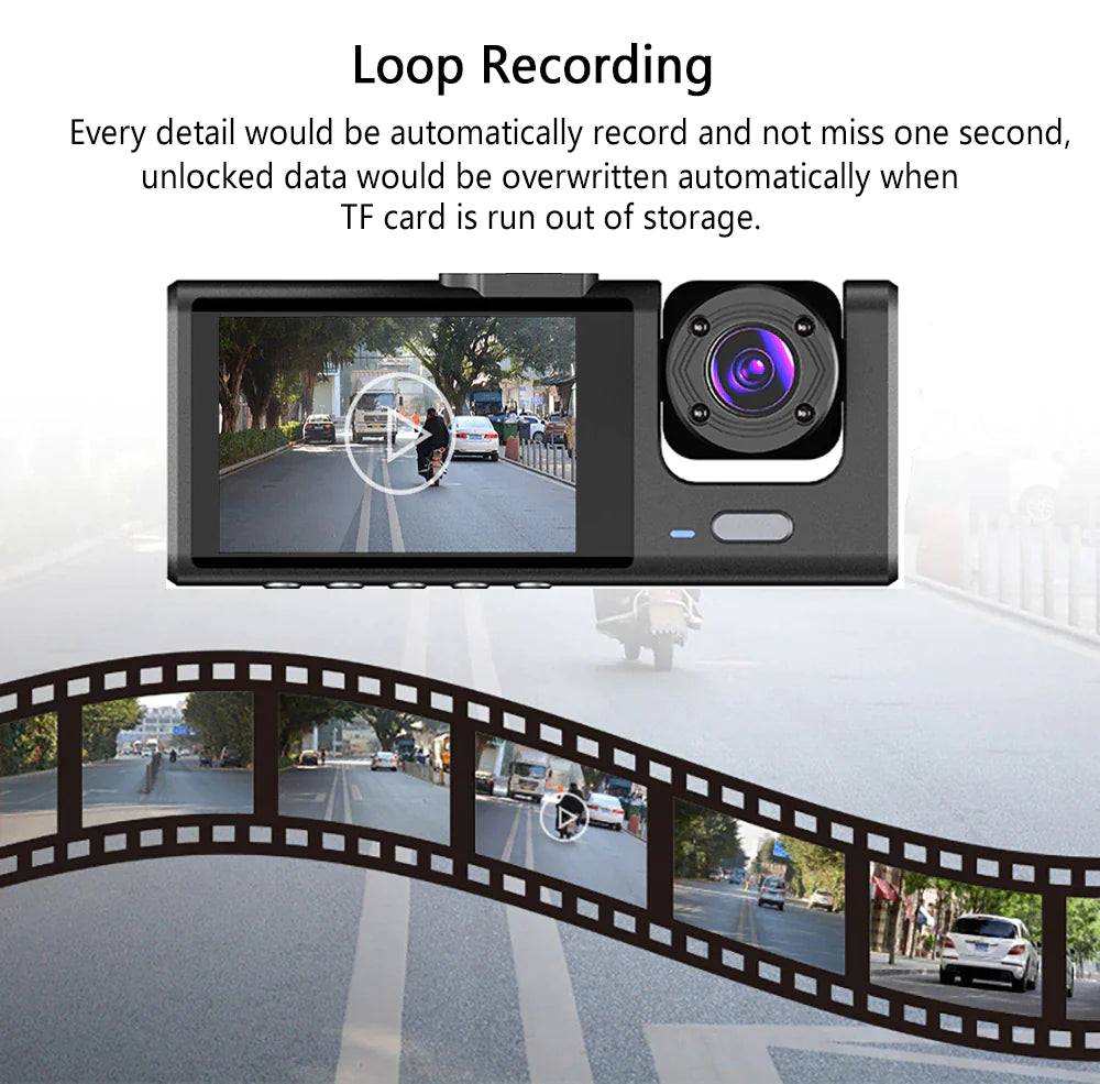 📹 Car Triple Lens Dash Cam - HD 1080P Front/Rear/Inside Video Recorder