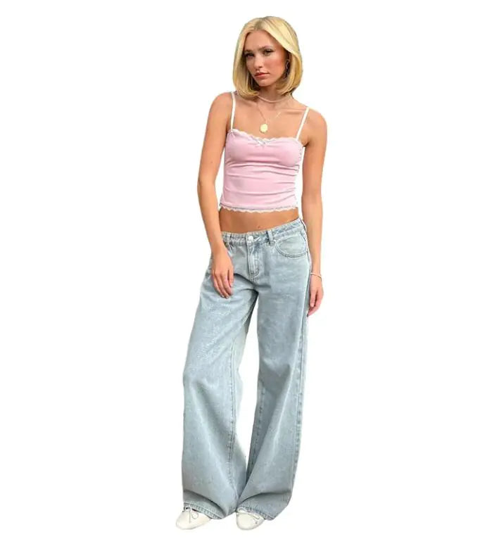 👖: Women's Low Waist Wide Leg Jeans - Trendy Straight Fit All-Matching Denim