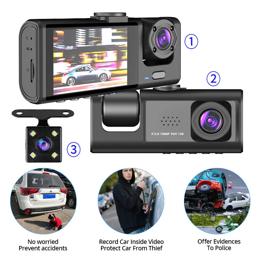 📹 Car Triple Lens Dash Cam - HD 1080P Front/Rear/Inside Video Recorder