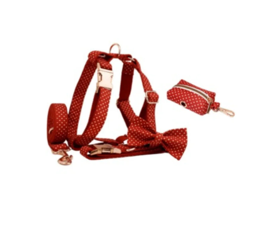 🔴: Red Dot Dog Collar & Leash Set with Bow Tie - Stylish Walking Ensemble