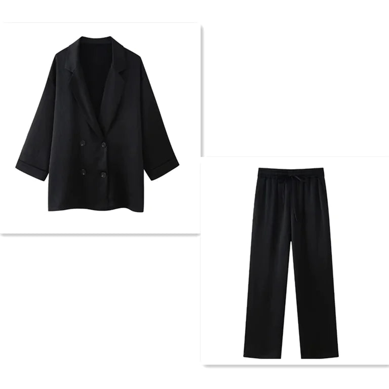 👗: Ruffled Suit Jacket with Casual Trousers - Elegant Women's Two-Piece Set