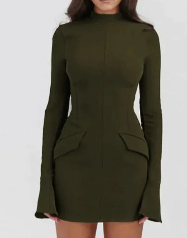 👗: Elegant Slim-Fit Long-Sleeve Dress - Sophisticated Midi with Pleated Design