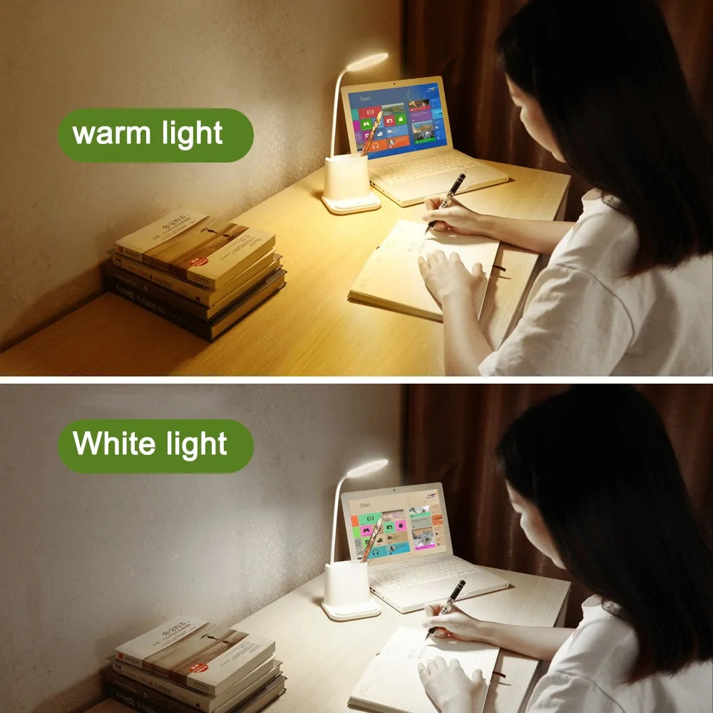 💡: USB Rechargeable LED Desk Lamp - Touch Dimming Phone Holder Fan Brush Pot