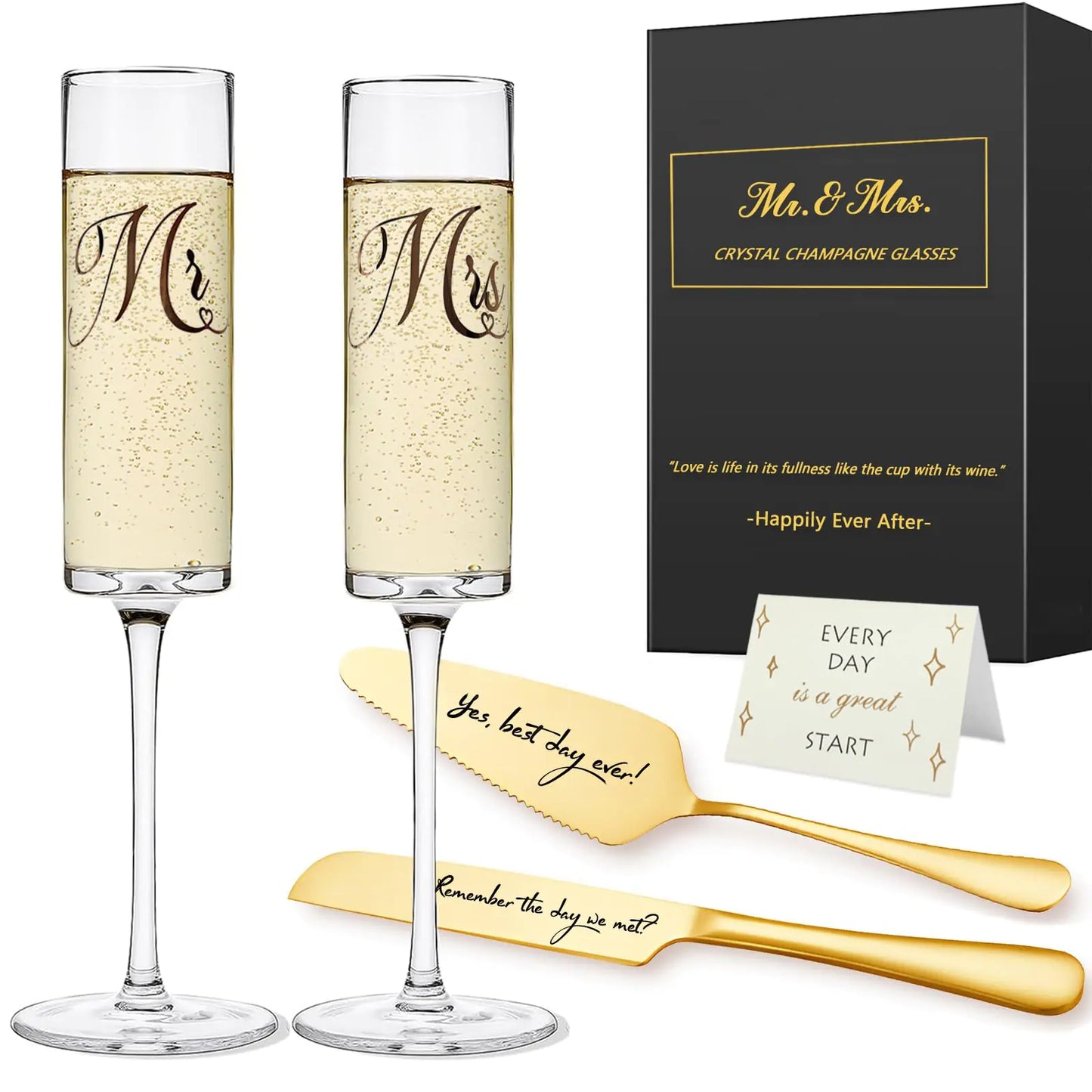 🥂: Yeegook Premium Mr & Mrs Champagne Flutes - Wedding Glasses with Cake Cutting Set & Gift Box