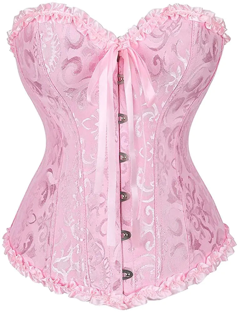 π: Women's Pink Floral Satin Corset - Lace-Up Overbust Bustier
