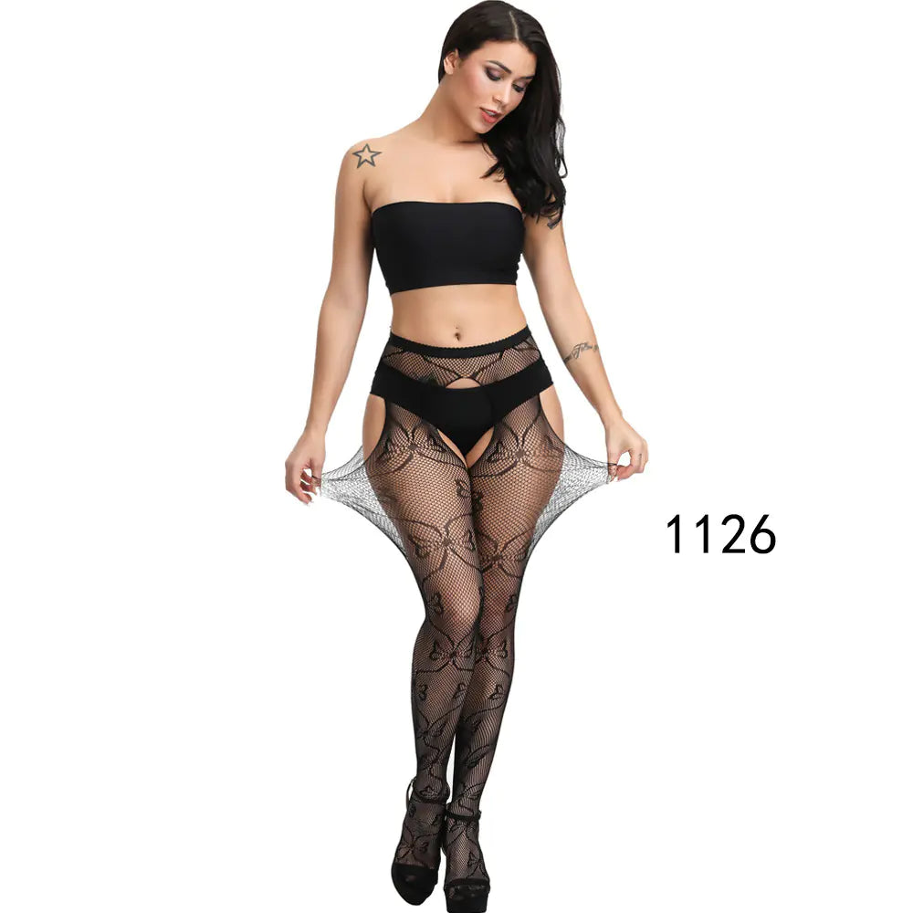 🦵: Sheer Lace-Trimmed Stockings with Open Crotch - Elegant Seductive Hosiery