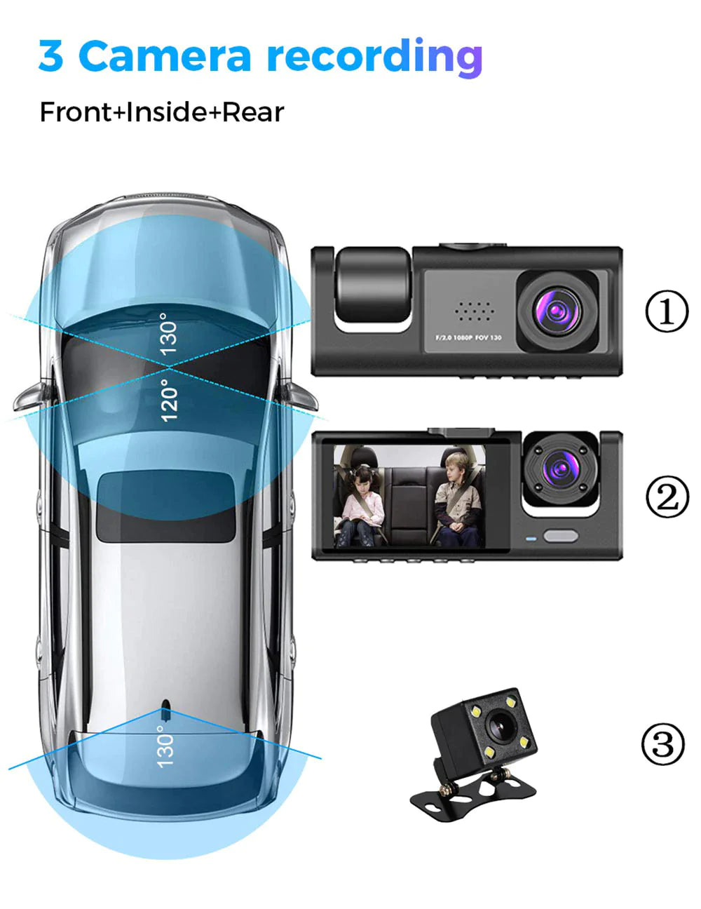📹 Car Triple Lens Dash Cam - HD 1080P Front/Rear/Inside Video Recorder
