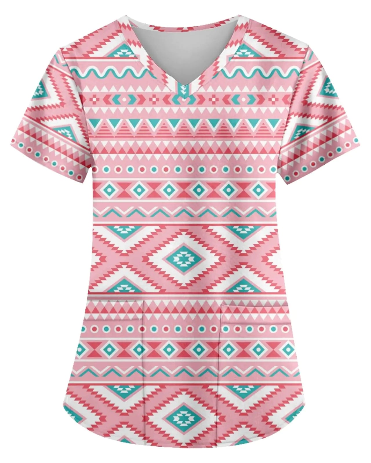 🏺 AMOMA Aztec Print Scrub Shirt - Native American V-Neck Nursing Top Light Pink