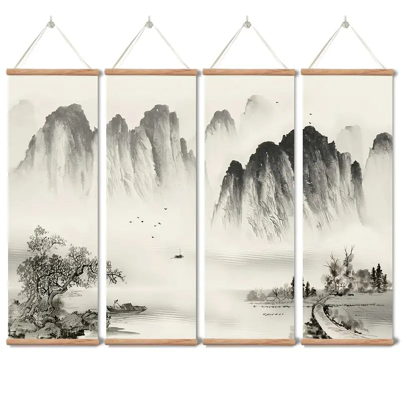 🎨: 4-Piece Black and White Landscape Oil Painting Set