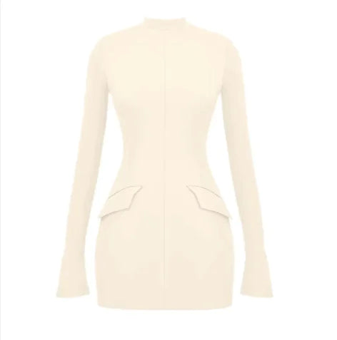 👗: Elegant Slim-Fit Long-Sleeve Dress - Sophisticated Midi with Pleated Design