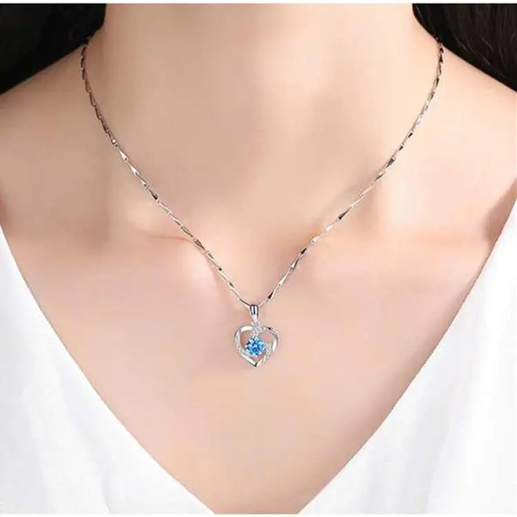 π: 925 Silver Plated Blue Crystal Heart Necklace - Elegant Pendant Jewelry