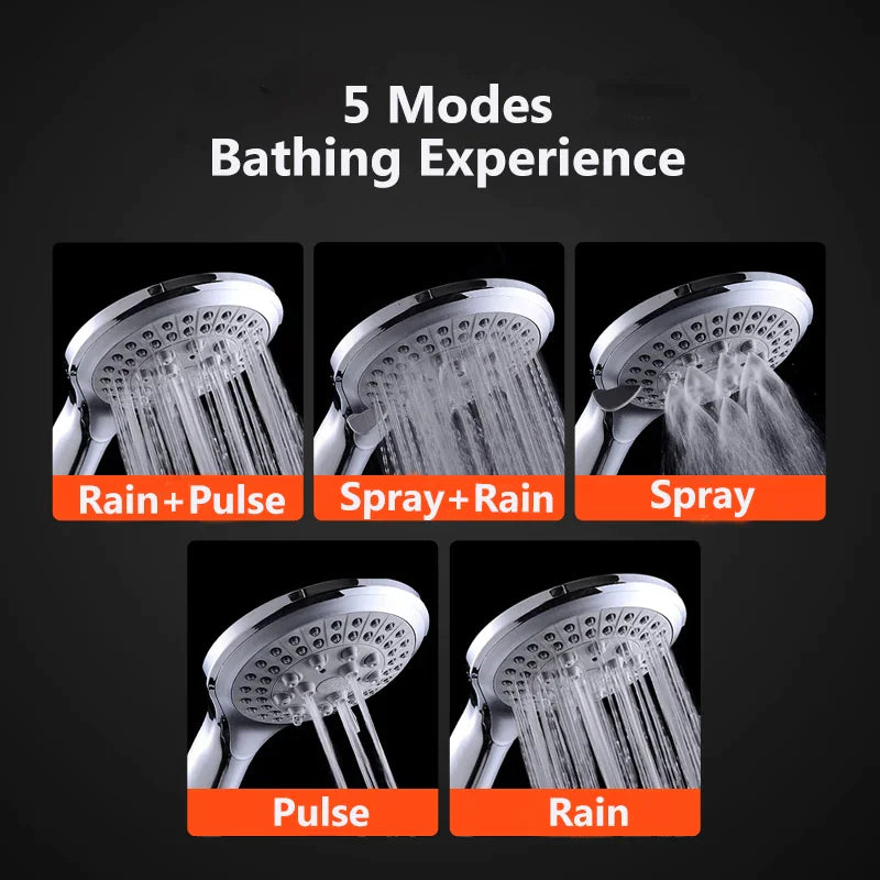 🚿 High Pressure Shower Head - 5 Settings Handheld Spray with 5ft Hose