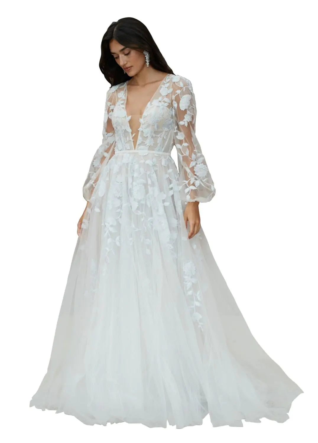 π°: YMSHA Long Sleeve Boho Wedding Dress 2025 - Deep V-Neck A-Line Lace Bridal Gown Plus Size