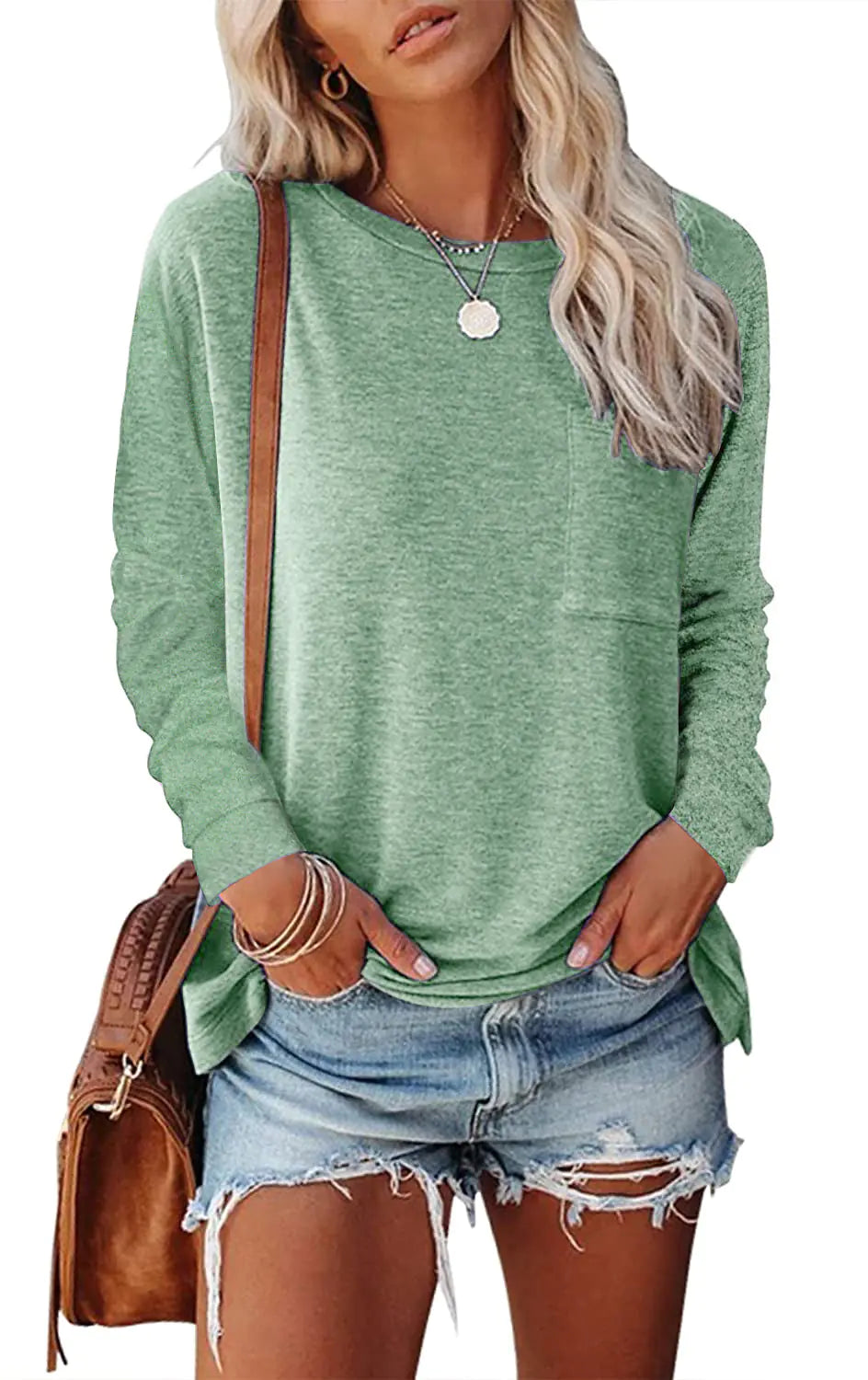👕: Pocket Split Long Sleeve T-Shirt - Casual Cotton Blend Comfort Top